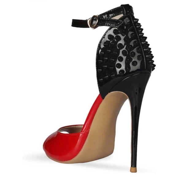 WOMEN PEEP TOE BUCKLE ANKLE STRAP STUDDED STILETTO HIGH HEELS - Picture 2 of 6